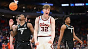 Mar 21, 2025; Milwaukee, WI, USA: Illinois Fighting Illini guard Kasparas Jakucionis (32) reacts during the second half against the Xavier Musketeers at Fiserv Forum. Mandatory Credit: Benny Sieu-Imagn Images