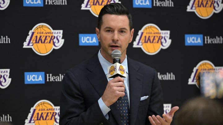 Jun 24, 2024; El Segundo, CA, USA;  The Los Angeles Lakers head coach JJ Redick speaks to the media during an introductory news conference at the UCLA Health Training Center.