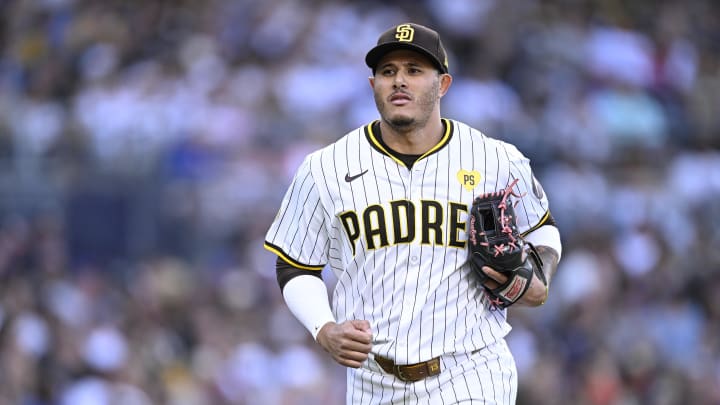 Aug 24, 2024; San Diego, California, USA; San Diego Padres third baseman Manny Machado (13) runs off the field during the second inning against the New York Mets at Petco Park. Mandatory Credit: Orlando Ramirez-USA TODAY Sports