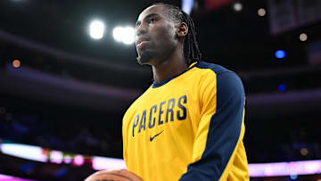 Mar 14, 2025; Philadelphia, Pennsylvania, USA; Indiana Pacers guard Aaron Nesmith (23) warms up before the game against the Philadelphia 76ers at Wells Fargo Center. Mandatory Credit: Kyle Ross-Imagn Images