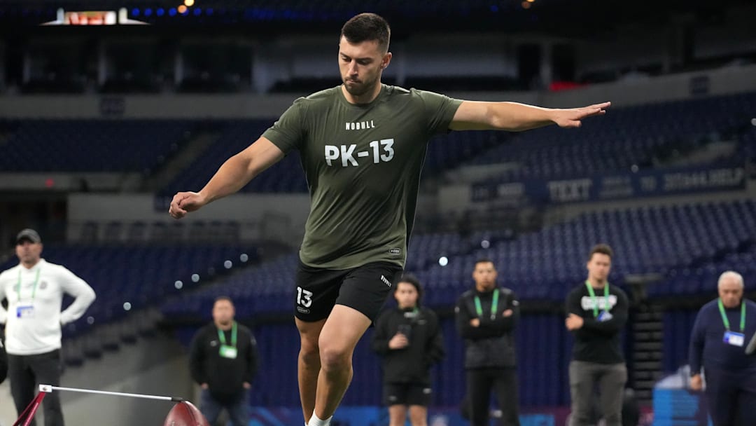 Mar 3, 2024; Indianapolis, IN, USA; Oklahoma State place kicker Alex Hale (PK13) during the 2024 NFL Combine at Lucas Oil Stadium. Mandatory Credit: Kirby Lee-Imagn Images