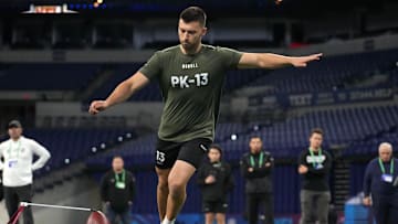 Mar 3, 2024; Indianapolis, IN, USA; Oklahoma State place kicker Alex Hale (PK13) during the 2024 NFL Combine at Lucas Oil Stadium. Mandatory Credit: Kirby Lee-Imagn Images