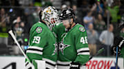 Oct 12, 2024; Dallas, Texas, USA; Dallas Stars goaltender Jake Oettinger (29) and defenseman Ilya Lyubushkin (46) celebrate on the ice after the Stars defeat the New York Islanders at the American Airlines Center. Mandatory Credit: Jerome Miron-Imagn Images