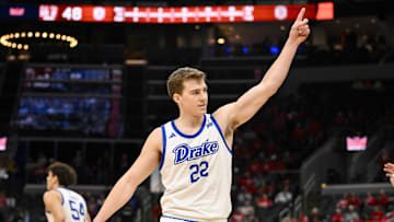 Mar 9, 2025; St. Louis, Missouri, USA;  Drake Bulldogs guard Mitch Mascari (22) reacts during the second half of the Missouri Valley Conference Tournament Championship against the Bradley Braves at Enterprise Center. Mandatory Credit: Jeff Curry-Imagn Images