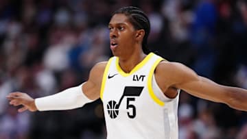 Mar 28, 2025; Denver, Colorado, USA; Utah Jazz forward Cody Williams (5) during in the fourth quarter against the Denver Nuggets at Ball Arena. Mandatory Credit: Ron Chenoy-Imagn Images