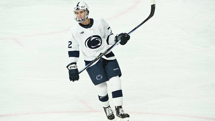 Oct 10, 2025; University Park, PA, USA; Penn State Nittany Lions forward Gavin McKenna (72) warms up for game against the Clarkson Golden Knights at Pegula Ice Arena. Mandatory Credit: Barry Reeger-Imagn Images