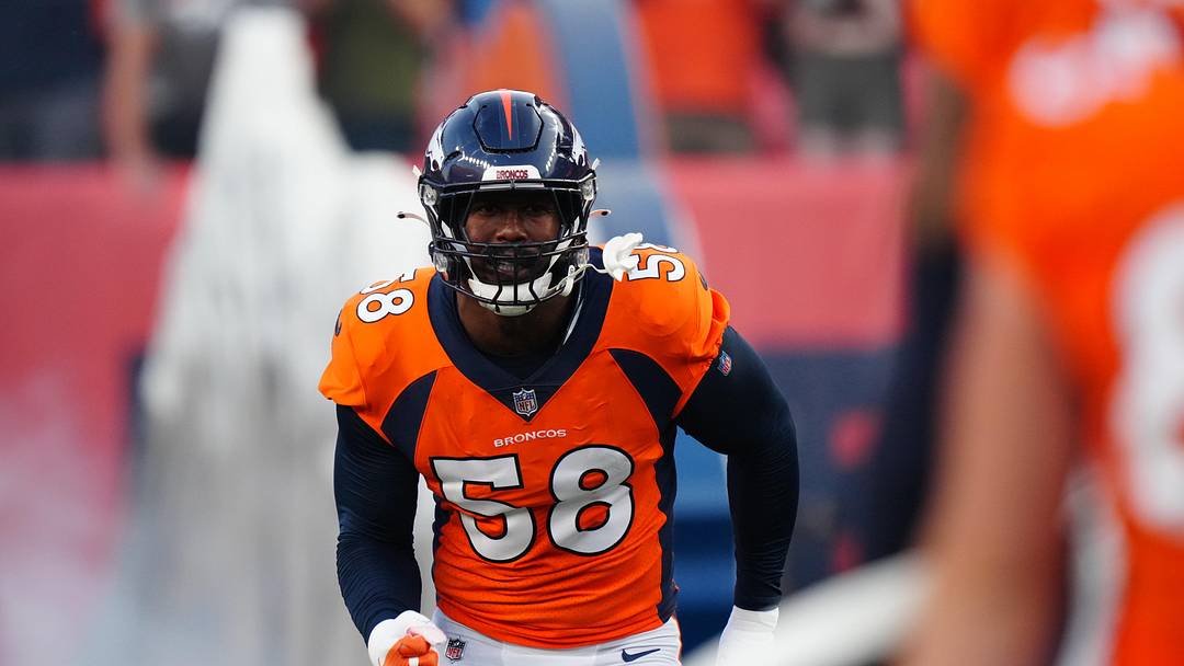 Aug 28, 2021; Denver, Colorado, USA; Denver Broncos outside linebacker Von Miller (58) before the start a preseason game against the Los Angeles Rams at Empower Field at Mile High.