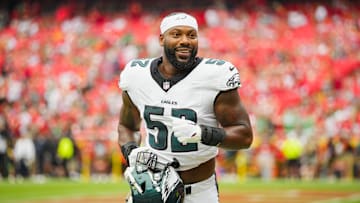 Sep 14, 2025; Kansas City, Missouri, USA; Philadelphia Eagles defensive end Za'Darius Smith (52) prior to a game against the Kansas City Chiefs at GEHA Field at Arrowhead Stadium. Mandatory Credit: Jay Biggerstaff-Imagn Images