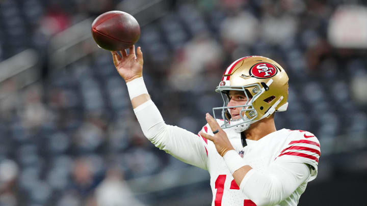 Aug 23, 2024; Paradise, Nevada, USA; San Francisco 49ers quarterback Brock Purdy (13) warms up before a game against the Las Vegas Raiders at Allegiant Stadium. Mandatory Credit: Stephen R. Sylvanie-USA TODAY Sports