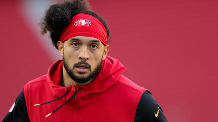 Dec 30, 2024; Santa Clara, California, USA; San Francisco 49ers safety Talanoa Hufanga (29) before the game against the Detroit Lions at Levi's Stadium. Mandatory Credit: Sergio Estrada-Imagn Images