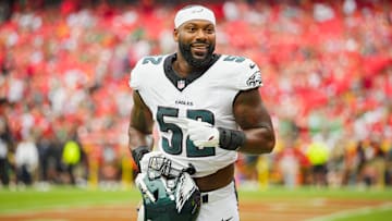 Philadelphia Eagles defensive end Za'Darius Smith (52) prior to a game against the Kansas City Chiefs at GEHA Field at Arrowhead Stadium. Mandatory Credit: Jay Biggerstaff-Imagn Images