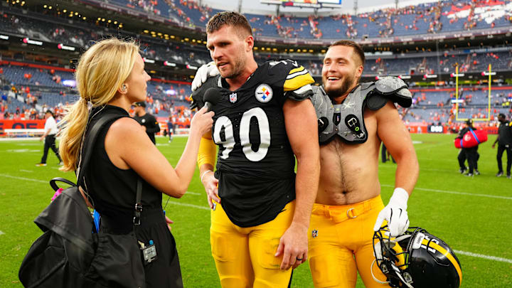 Sep 15, 2024; Denver, Colorado, USA; Pittsburgh Steelers linebacker T.J. Watt (90) and linebacker Nick Herbig (51) following the win over the Denver Broncos at Empower Field at Mile High. Sep 15, 2024; Denver, Colorado, USA; Pittsburgh Steelers linebacker T.J. Watt (90) and linebacker Nick Herbig (51) following the win over the Denver Broncos at Empower Field at Mile High.