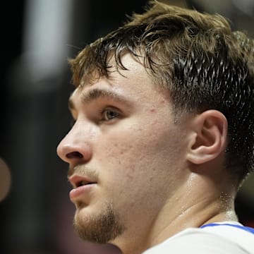 Jul 10, 2025; Las Vegas, NV, USA; Dallas Mavericks forward Cooper Flagg (32) looks on against the Los Angeles Lakers in the fourth quarter of their game at Thomas & Mack Center. Mandatory Credit: Candice Ward-Imagn Images
