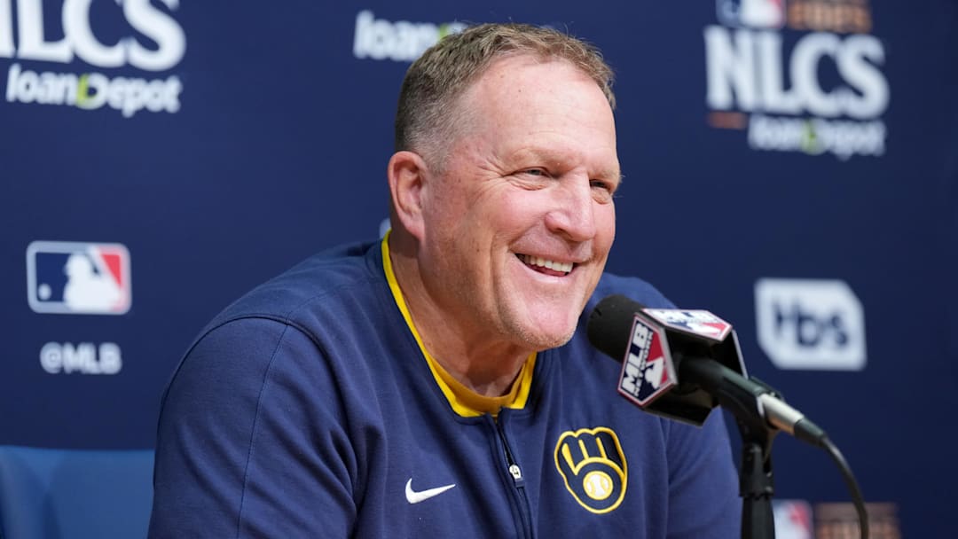 Oct 16, 2025; Los Angeles, California, USA; Milwaukee Brewers manager Pat Murphy (49) speaks in a press conference before game three against the Los Angeles Dodgers in the NLCS round for the 2025 MLB playoffs at Dodger Stadium. Mandatory Credit: Kirby Lee-Imagn Images