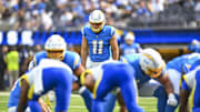 Aug 16, 2025; Inglewood, California, USA; Los Angeles Chargers place kicker Cameron Dicker (11) prepares to kick the ball against the Los Angeles Chargers during the first quarter at SoFi Stadium. Mandatory Credit: Jonathan Hui-Imagn Images