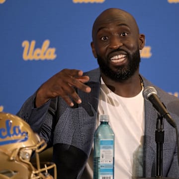 Feb 13, 2024; Los Angeles, CA, USA;  DeShaun Foster answers questions from media after he was introduced as the UCLA Bruins head football coach during a press conference at Pauley Pavilion.  Mandatory Credit: Jayne Kamin-Oncea-Imagn Images