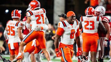 Sep 20, 2024; Lincoln, Nebraska, USA; Illinois Fighting Illini defensive back Terrance Brooks (8) smiles after the Fighting Illini defeat the Nebraska Cornhuskers at Memorial Stadium. Mandatory Credit: Dylan Widger-Imagn Images
