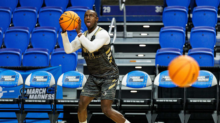 Mar 19, 2025; Lexington, KY, USA; Wofford Terriers guard Justin Bailey (5) shoots the ball during practice at Rupp Arena. Mandatory Credit: Jordan Prather-Imagn Images