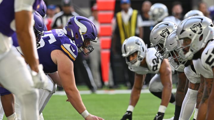 Aug 10, 2024; Minneapolis, Minnesota, USA; The line of scrimmage during the third quarter between the Minnesota Vikings and the Las Vegas Raiders at U.S. Bank Stadium. Mandatory Credit: Jeffrey Becker-USA TODAY Sports