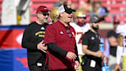 Nov 16, 2024; Dallas, Texas, USA; Boston College Eagles head coach Bill O'Brien looks on before the game between the SMU Mustangs and the Boston College Eagles at the Gerald J. Ford Stadium. Mandatory Credit: Jerome Miron-Imagn Images