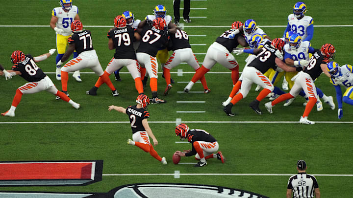 Feb 13, 2022; Inglewood, California, USA; Cincinnati Bengals kicker Evan McPherson (2) kicks a field goal in the first quarter against the Los Angeles Rams in Super Bowl LVI at SoFi Stadium. Mandatory Credit: Kirby Lee-Imagn Images