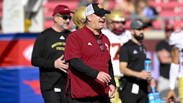 Nov 16, 2024; Dallas, Texas, USA; Boston College Eagles head coach Bill O'Brien looks on before the game between the SMU Mustangs and the Boston College Eagles at the Gerald J. Ford Stadium. Mandatory Credit: Jerome Miron-Imagn Images