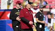 Nov 16, 2024; Dallas, Texas, USA; Boston College Eagles head coach Bill O'Brien looks on before the game between the SMU Mustangs and the Boston College Eagles at the Gerald J. Ford Stadium. Mandatory Credit: Jerome Miron-Imagn Images