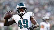Aug 22, 2025; East Rutherford, New Jersey, USA; Philadelphia Eagles cornerback Jakorian Bennett (49) warms up before the game against the New York Jets at MetLife Stadium. Mandatory Credit: Mark Smith-Imagn Images