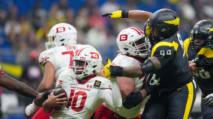 Mar 31, 2024; San Antonio, TX, USA;  San Antonio Brahmas defensive tackle Caeveon Patton (99) closes in on DC Defenders quarterback Jordan Ta'amu (10) in the second half at The Alamodome. Mandatory Credit: Daniel Dunn-USA TODAY Sports