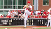 Louisville pitcher Tucker Biven winds up during his team's game against Miami (Fla.) during their super regional series at Jim Patterson Stadium on June 7, 2025 in Louisville, Ky.