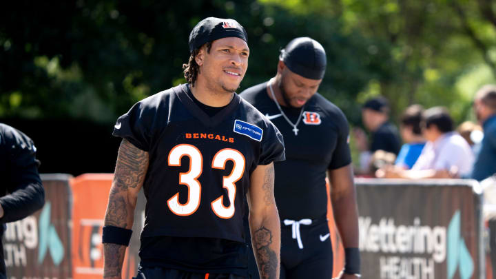 Cincinnati Bengals safety Daijahn Anthony (33) walks to the practice fields at the Bengals NFL practice in Cincinnati on Tuesday, June 4, 2024.