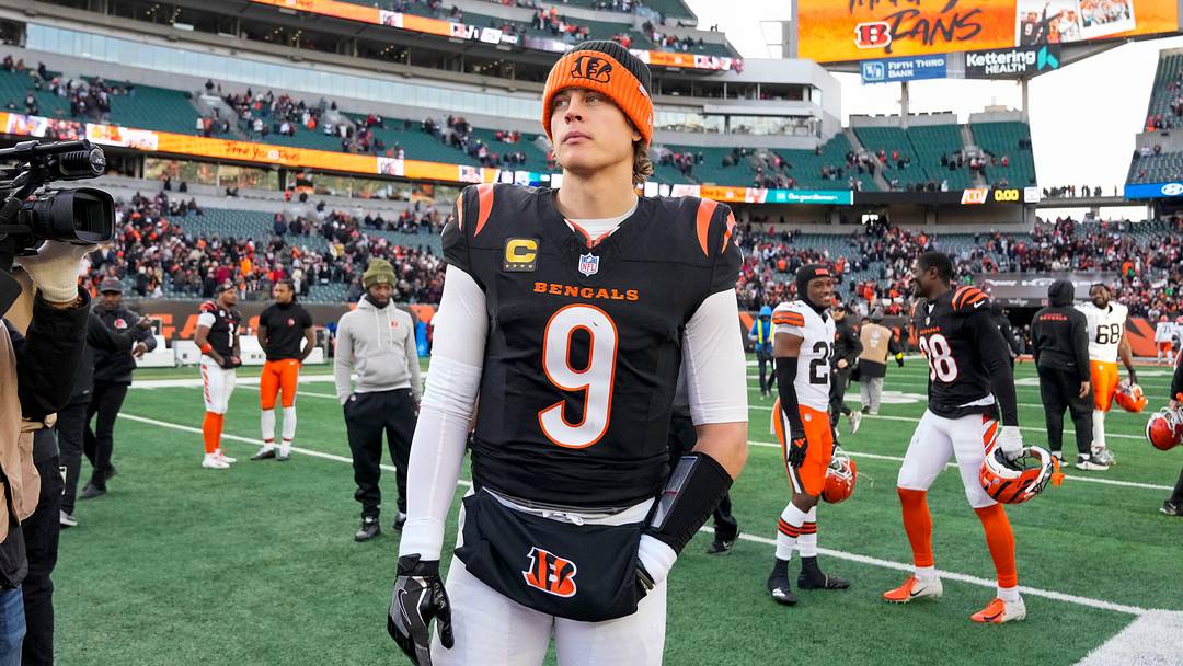 Cincinnati Bengals quarterback Joe Burrow (9) looks for hands to shake after the fourth quarter of the NFL Week 18 game between the Cincinnati Bengals and the Cleveland Browns at Paycor Stadium in Downtown Cincinnati on Sunday, Jan. 4, 2026. The Browns kicked a last second field goal to win 20-18.
