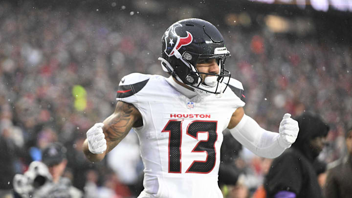 Jan 18, 2026; Foxborough, MA, USA; Houston Texans wide receiver Christian Kirk (13) celebrates a touchdown in the second quarter against the New England Patriots in an AFC Divisional Round game at Gillette Stadium. Mandatory Credit: Brian Fluharty-Imagn Images