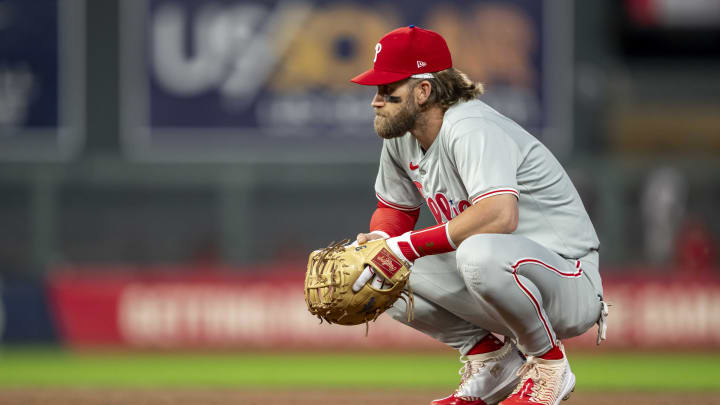 Jul 23, 2024; Minneapolis, Minnesota, USA; Philadelphia Phillies first baseman Bryce Harper (3) looks on against the Minnesota Twins in the eighth inning at Target Field. Mandatory Credit: Jesse Johnson-USA TODAY Sports