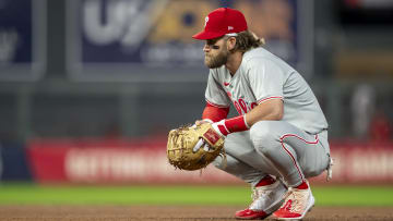 Jul 23, 2024; Minneapolis, Minnesota, USA; Philadelphia Phillies first baseman Bryce Harper (3) looks on against the Minnesota Twins in the eighth inning at Target Field. Mandatory Credit: Jesse Johnson-USA TODAY Sports