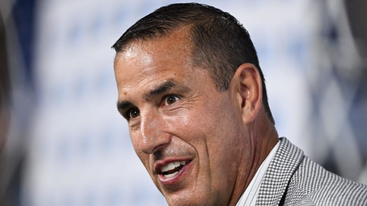 Jul 23, 2024; Indianapolis, IN, USA; Wisconsin Badgers head coach Luke Fickell speaks to the media during the Big 10 football media day at Lucas Oil Stadium. Mandatory Credit: Robert Goddin-USA TODAY Sports