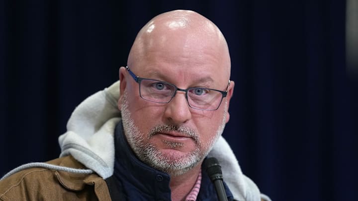 Feb 24, 2026; Indianapolis, IN, USA; Los Angeles Chargers general manager Joe Hortiz speaks at the NFL Scouting Combine at the Indiana Convention Center. Mandatory Credit: Kirby Lee-Imagn Images