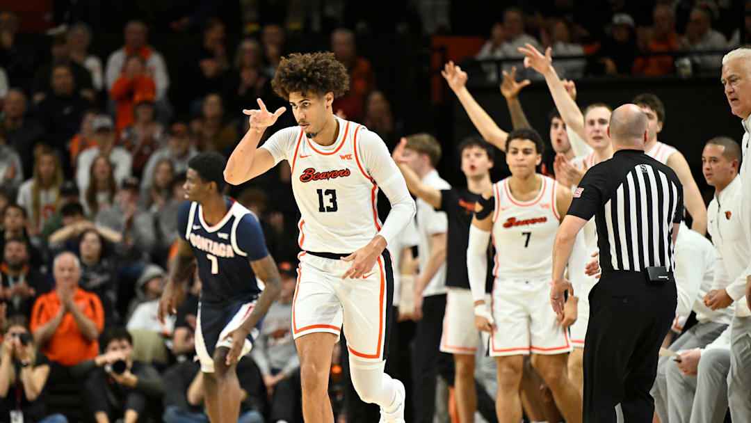 Feb 7, 2026; Corvallis, Oregon, USA; Oregon State Beavers forward Isaiah Sy (13) reacts to a three-point basket during the second half against the Gonzaga Bulldogs at Gill Coliseum. Mandatory Credit: Craig Strobeck-Imagn Images