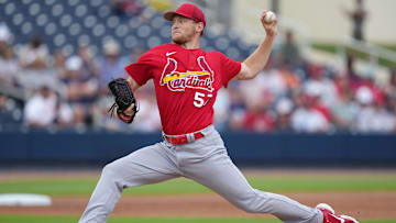 Mar 14, 2023; West Palm Beach, Florida, USA;  St. Louis Cardinals pitcher Zack Thompson (57) pitches