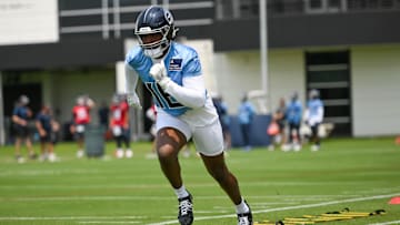Jun 10, 2025; Nashville, TN, USA;  Tennessee Titans wide receiver Treylon Burks (16) does foot work drills during minicamp at Nissan Stadium. Mandatory Credit: Steve Roberts-Imagn Images