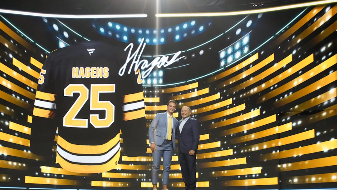 Jun 27, 2025; Los Angeles, California, USA; James Hagens is selected as the seventh overall pick to the Boston Bruins in the first round of the 2025 NHL Draft at Peacock Theater. Mandatory Credit: Kirby Lee-Imagn Images