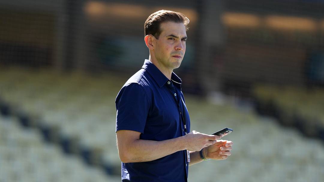 Joe Davis watches batting practice before the game between the Los Angeles Dodgers and the Tampa Bay Rays at Dodger Stadium on June 16, 2026. Joe Davis watches batting practice before the game between the Los Angeles Dodgers and the Tampa Bay Rays at Dodger Stadium on June 16, 2026.