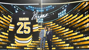 Jun 27, 2025; Los Angeles, California, USA; James Hagens is selected as the seventh overall pick to the Boston Bruins in the first round of the 2025 NHL Draft at Peacock Theater. Mandatory Credit: Kirby Lee-Imagn Images