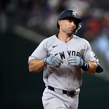Aug 6, 2025; Arlington, Texas, USA; New York Yankees first baseman Paul Goldschmidt (48) rounds the bases after hitting a solo home run during the seventh inning against the Texas Rangers at Globe Life Field. Mandatory Credit: Tim Heitman-Imagn Images