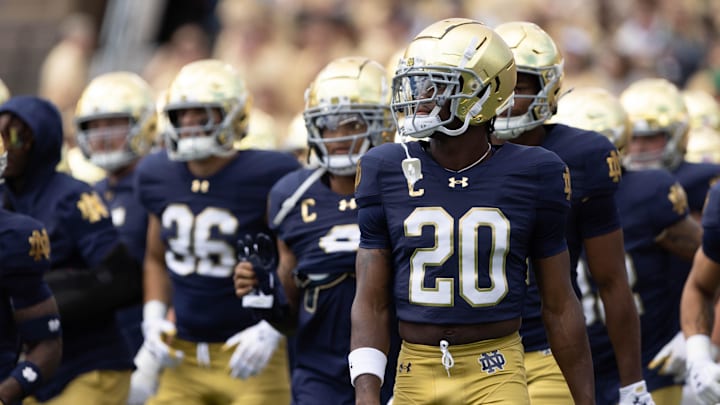 Notre Dame corner back Benjamin Morrison (20) walks with his team during warm ups before a NCAA college football game between Notre Dame and Northern Illinois at Notre Dame Stadium on Saturday, Sept. 7, 2024, in South Bend.