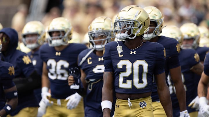 Notre Dame corner back Benjamin Morrison (20) walks with his team during warm ups before a NCAA college football game between Notre Dame and Northern Illinois at Notre Dame Stadium on Saturday, Sept. 7, 2024, in South Bend. Notre Dame corner back Benjamin Morrison (20) walks with his team during warm ups before a NCAA college football game between Notre Dame and Northern Illinois at Notre Dame Stadium on Saturday, Sept. 7, 2024, in South Bend.