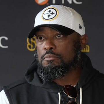 Sep 26, 2025; Maynooth, Ireland; Pittsburgh Steelers coach Mike Tomlin at press conference at Carton House. Mandatory Credit: Kirby Lee-Imagn Images