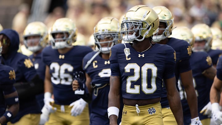 Notre Dame corner back Benjamin Morrison (20) walks with his team during warm ups before a NCAA college football game between Notre Dame and Northern Illinois at Notre Dame Stadium on Saturday, Sept. 7, 2024, in South Bend. Notre Dame corner back Benjamin Morrison (20) walks with his team during warm ups before a NCAA college football game between Notre Dame and Northern Illinois at Notre Dame Stadium on Saturday, Sept. 7, 2024, in South Bend.