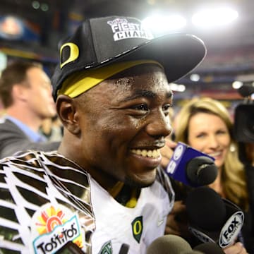 Jan. 3, 2013; Glendale, AZ, USA: Oregon Ducks running back Kenjon Barner following the game against the Kansas State Wildcats during the 2013 Fiesta Bowl at University of Phoenix Stadium. Oregon defeated Kansas State 35-17. Mandatory Credit: Mark J. Rebilas-Imagn Images