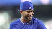 Mar 28, 2025; Houston, TX, USA; New York Mets center fielder Jose Siri (19) after batting practice before the game against the Houston Astros at Daikin Park. Mandatory Credit: Troy Taormina-Imagn Images